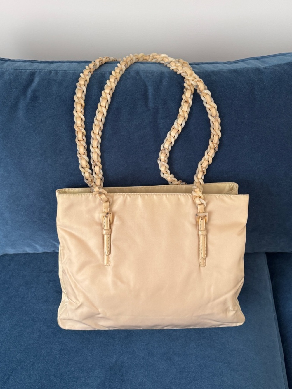 Prada Beige Tessuto Nylon Tote with Leather Interwoven Acetate Chain
Link Strap